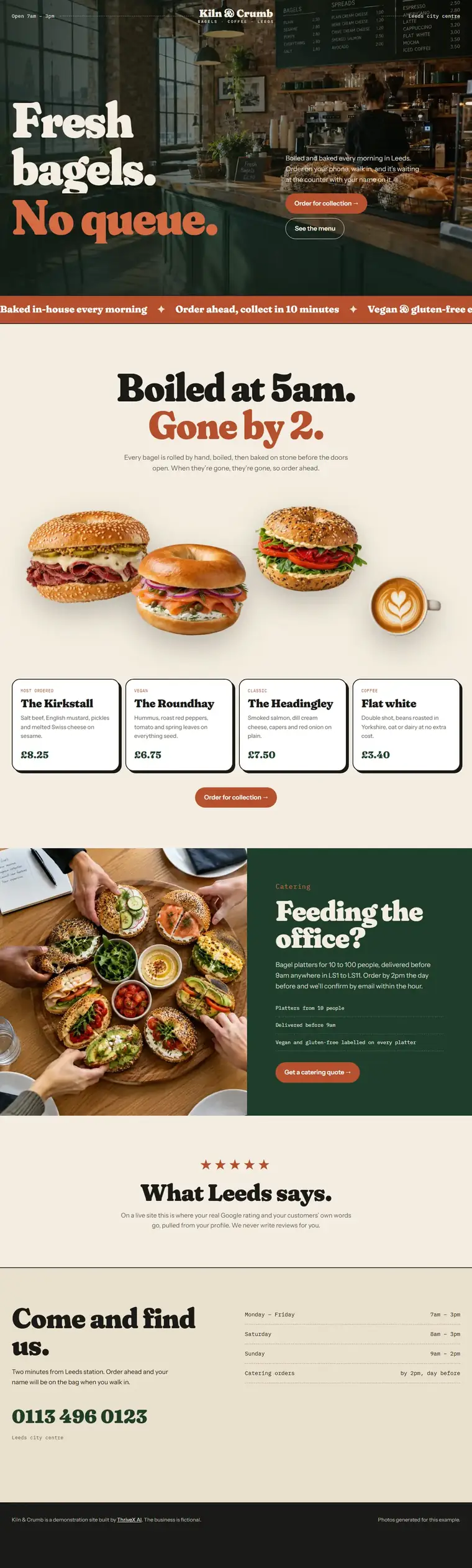 The Kiln & Crumb example site, a bagel caf&eacute; in Leeds