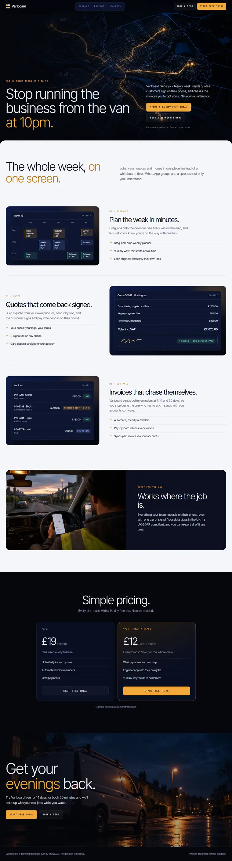 The Vanboard example site, software for trade teams