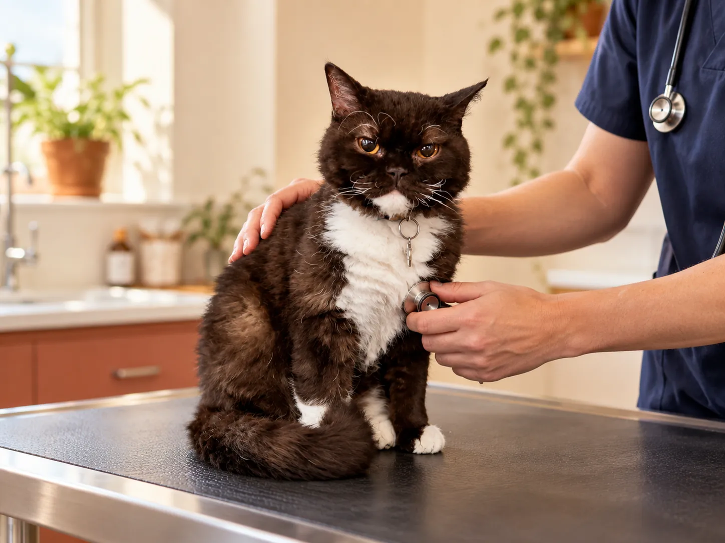A vet's hands gently checking a fluffy black-and-white cat on the consulting table