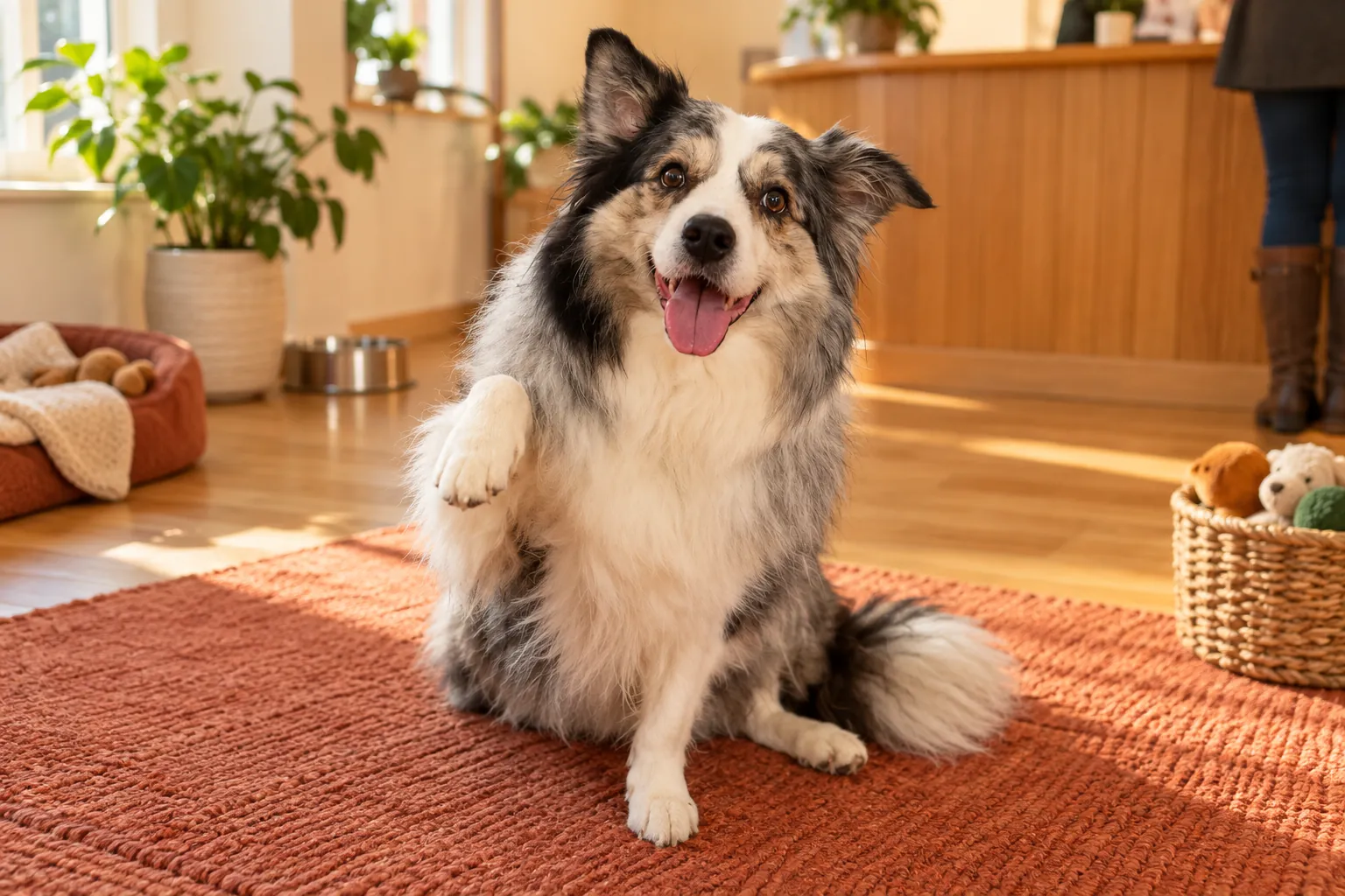 A fluffy blue merle collie sitting on a terracotta rug in the waiting room, waving one paw
