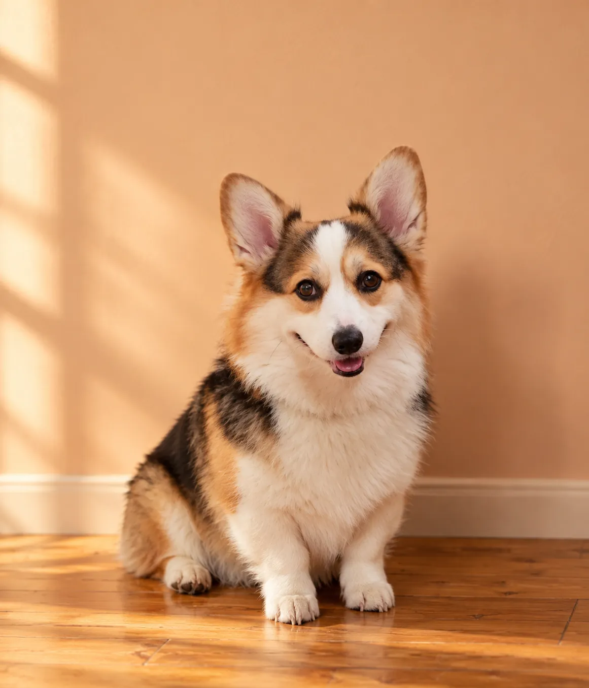 A tricolour corgi sitting on a wooden floor against an apricot wall, smiling at the camera