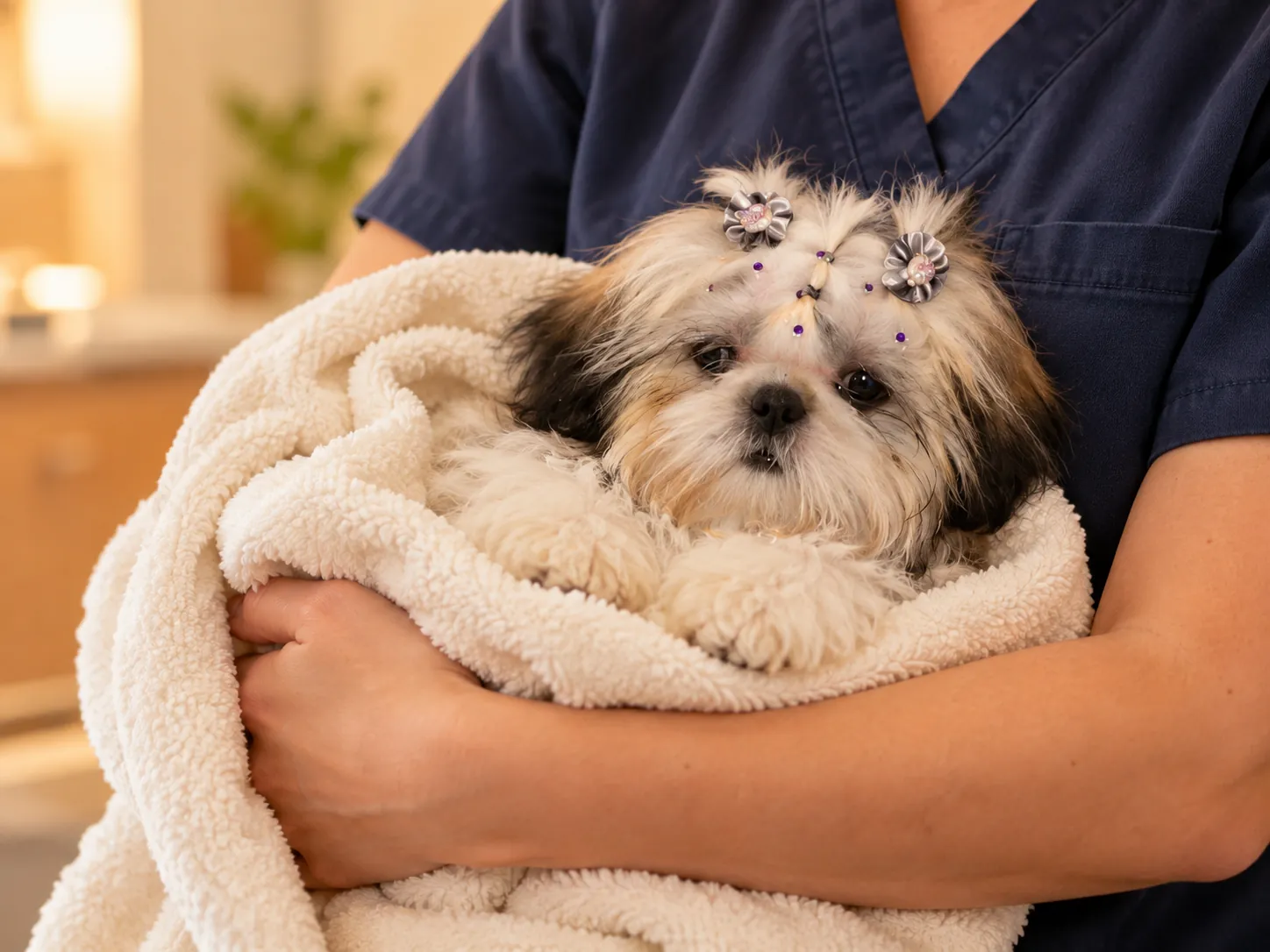 A nurse holding a Shih Tzu puppy with bows in its hair, wrapped in a cream towel