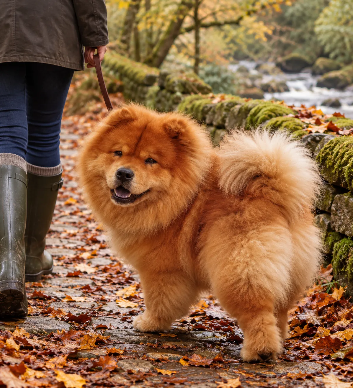Someone in a wax jacket walking a fluffy red chow chow on a lead along a wooded stone path in the Rivelin Valley, seen from behind
