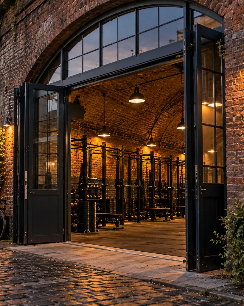 The gym's open door under a brick railway arch, a bike leaning outside