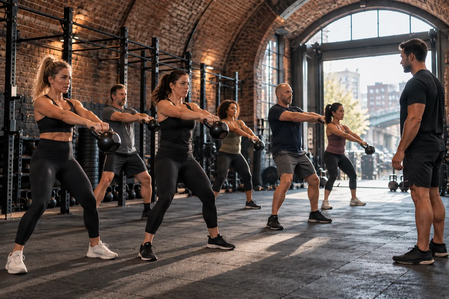 A small class doing kettlebell swings together while the coach watches