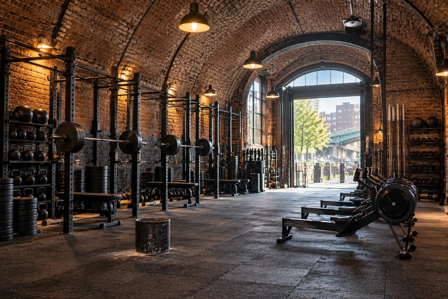 Inside the gym: squat racks, rowers and kettlebells under a brick arch