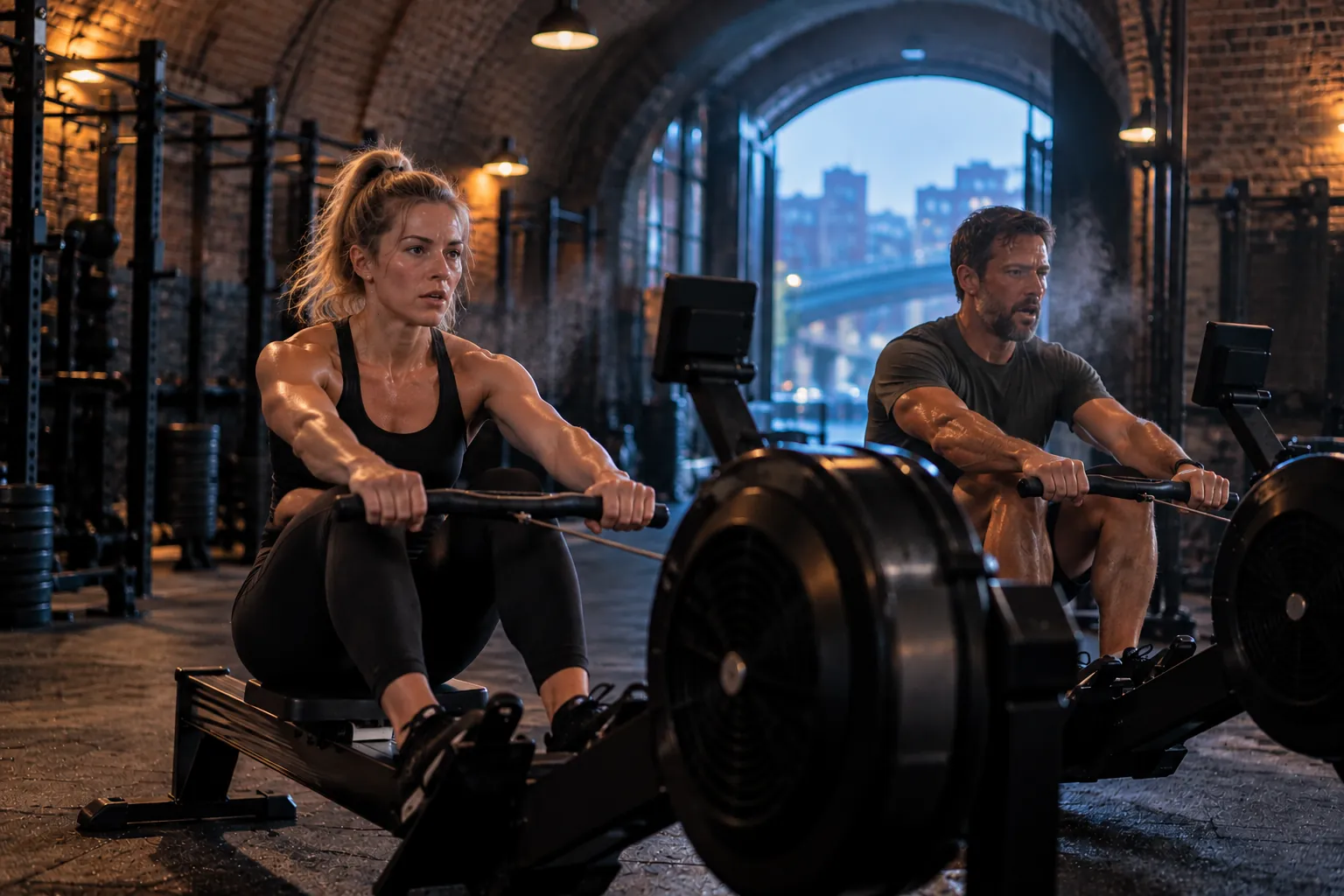 A woman and a man rowing hard side by side in the early morning, the arch door open behind them