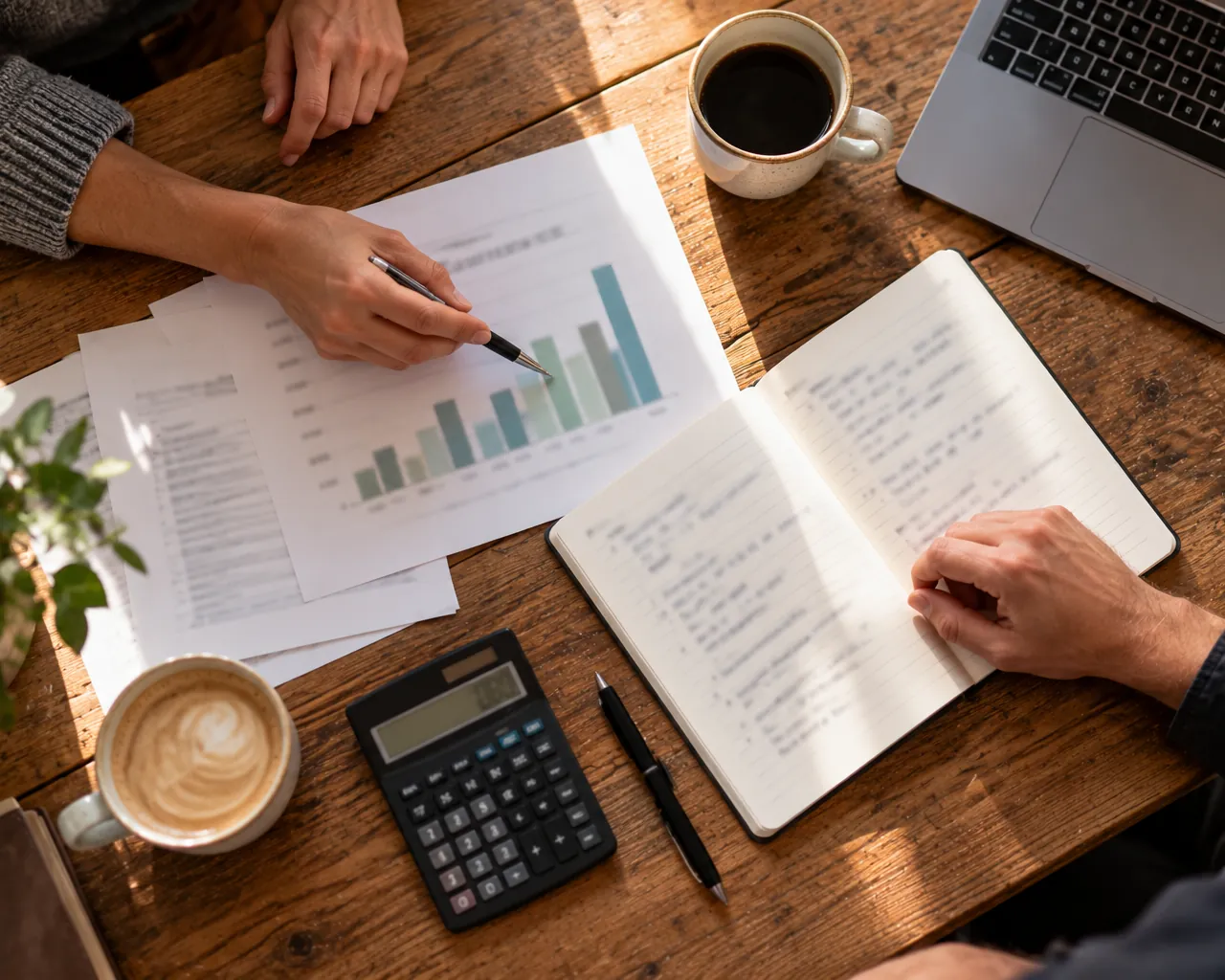 A notebook, a calculator and a printed chart on a meeting table