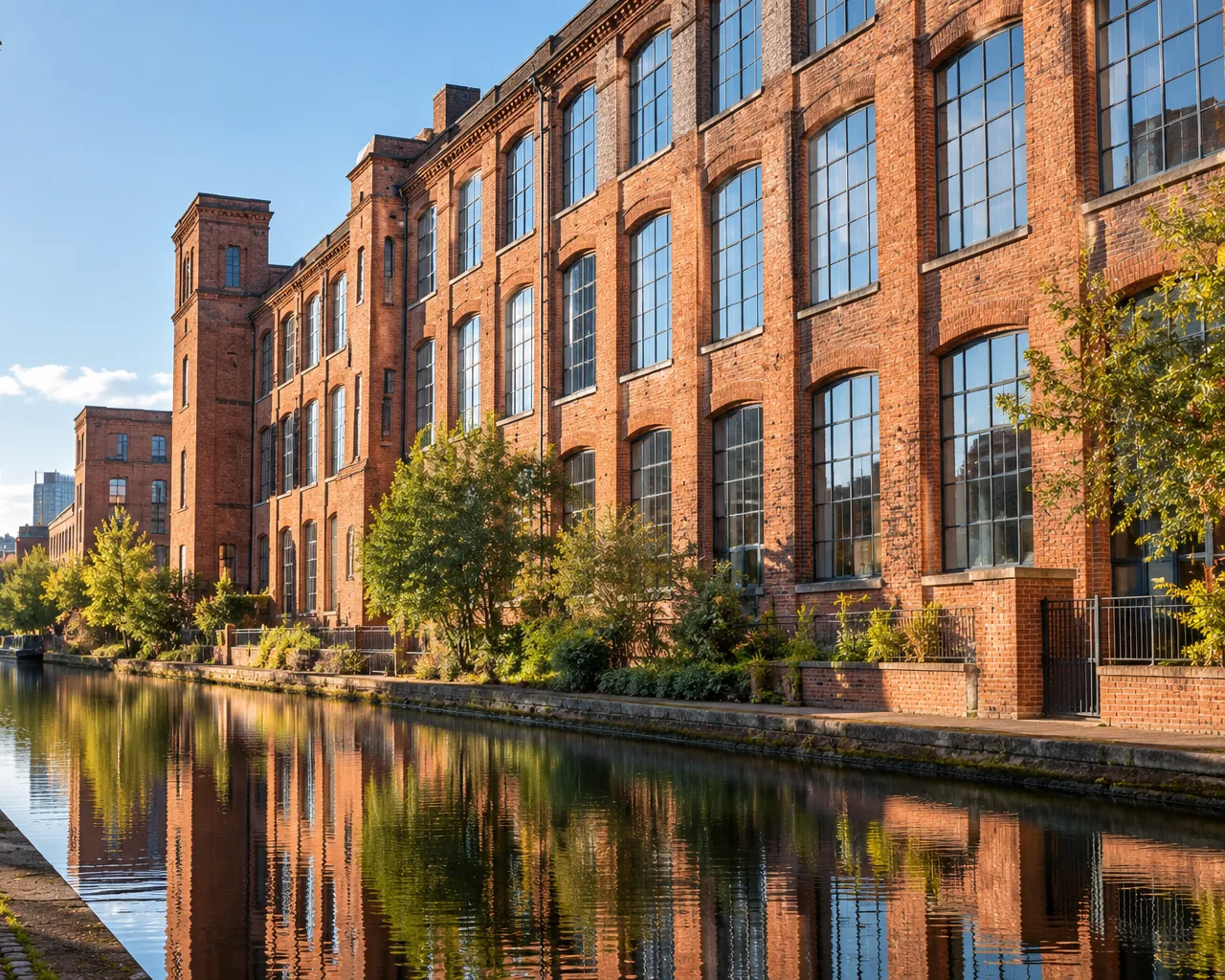 A red-brick Victorian cotton mill beside the canal in Ancoats