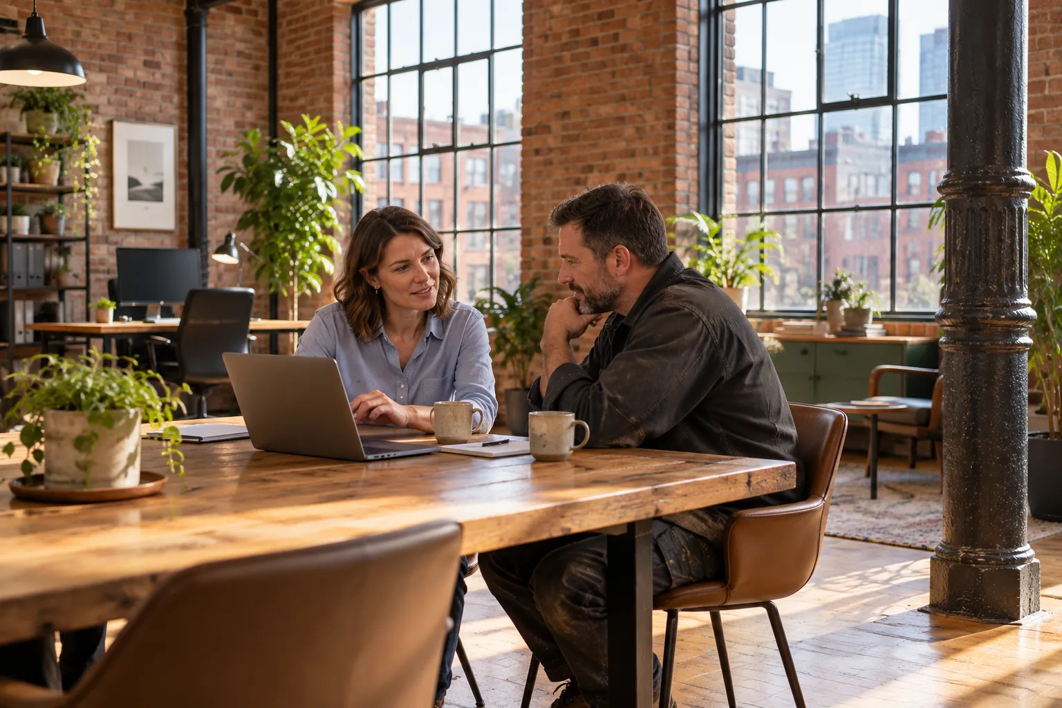 An accountant talking a client through his figures on a laptop, at a long table in a converted brick mill