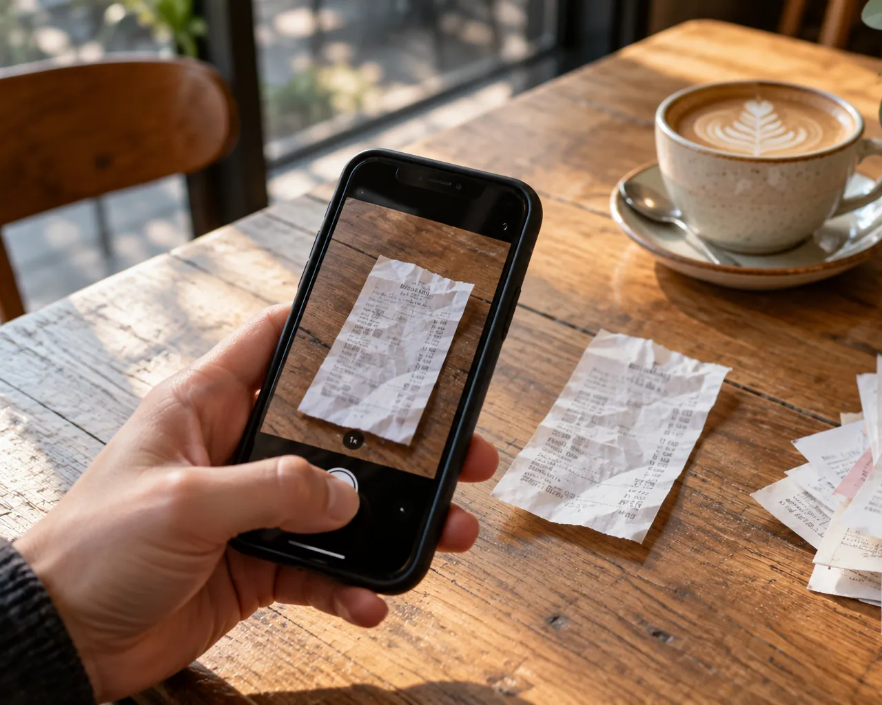 A hand photographing a paper receipt with a phone on a café table