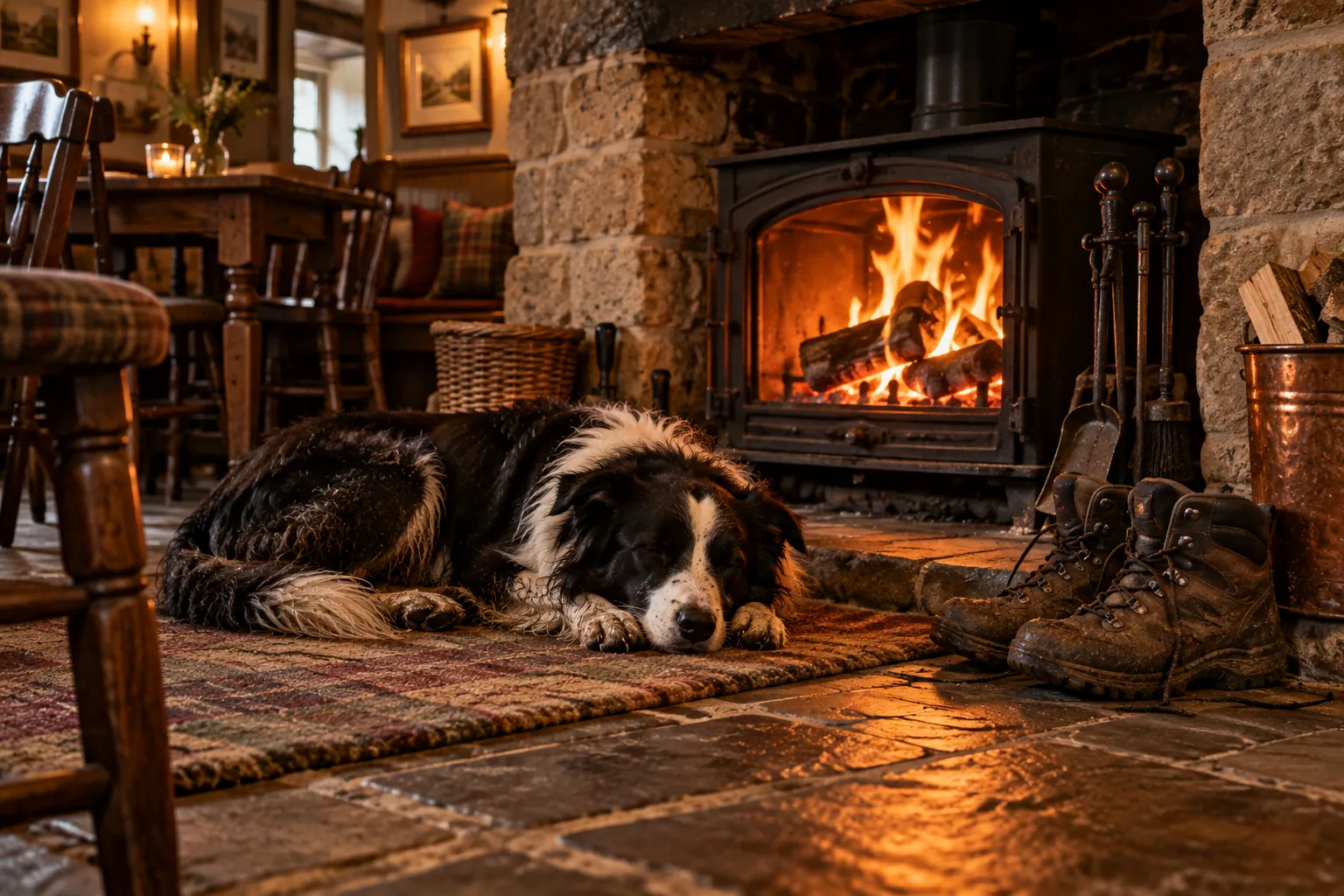 A muddy collie asleep in front of a log fire, walking boots drying beside the hearth