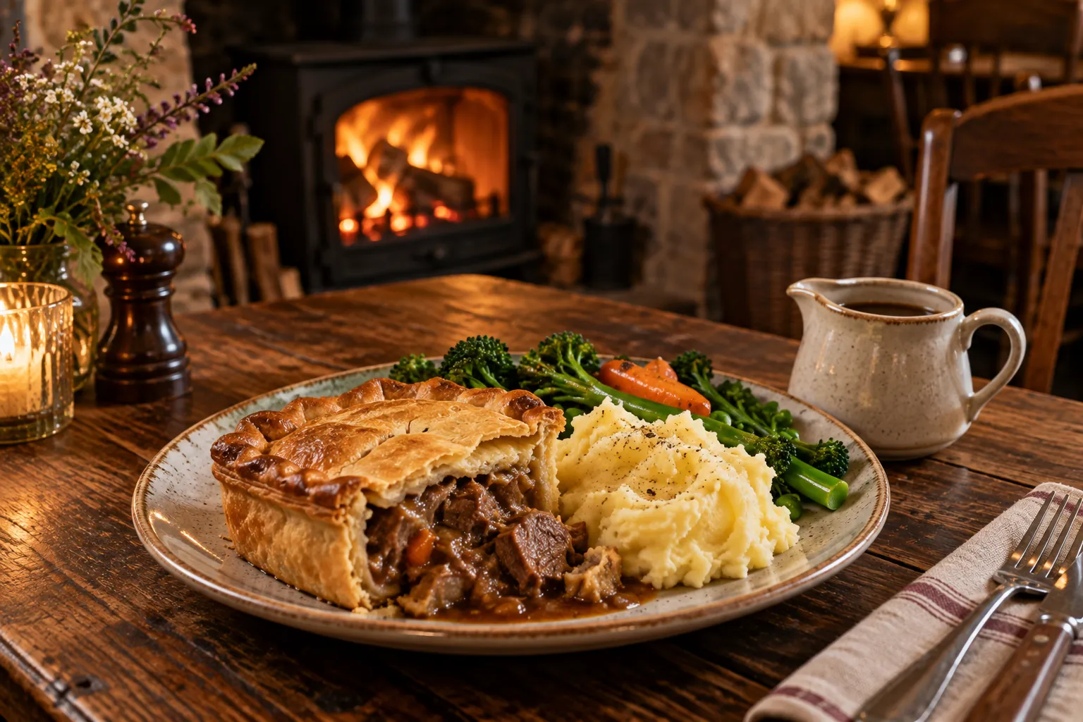 A lamb pie with a golden crust, mash and greens on a wooden table by the fire
