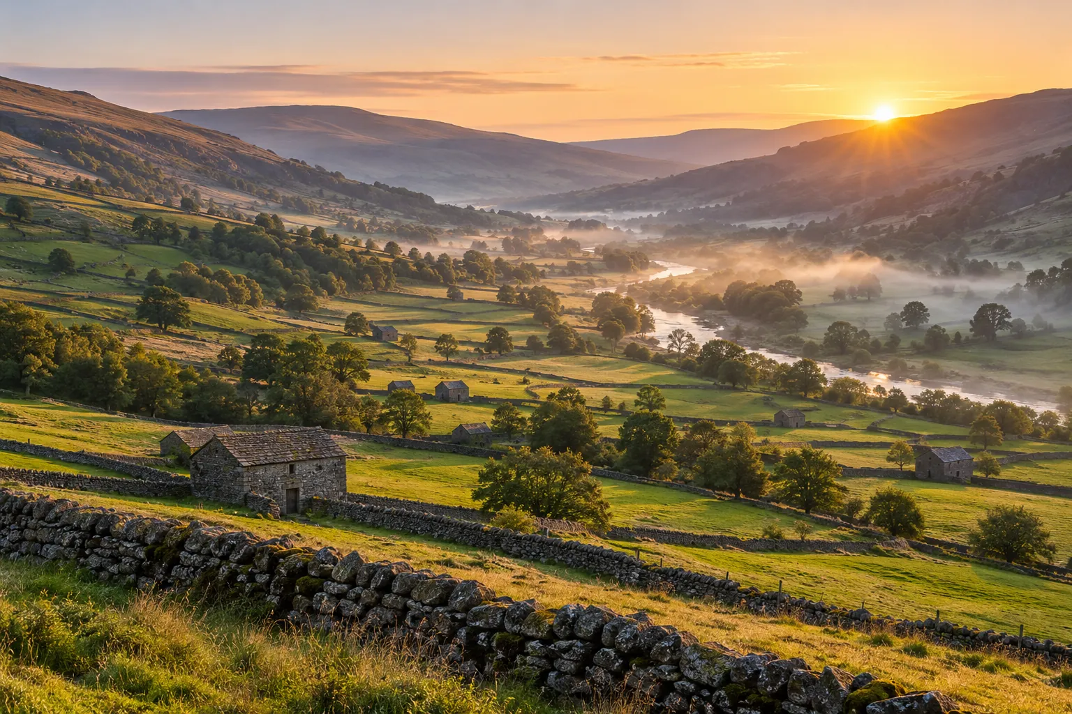 Swaledale in early morning light: green fields divided by dry-stone walls, stone field barns and the river below