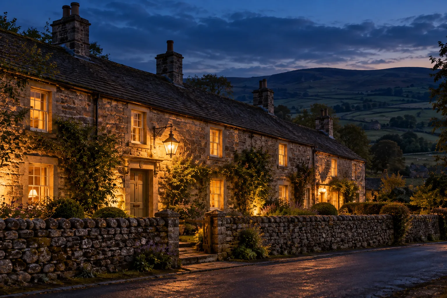 The stone inn at dusk, the lantern over the door lit and warm light in the windows