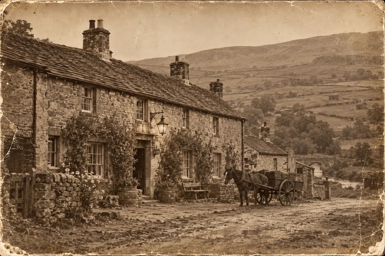 An old photograph of the inn: a long stone building with a lantern over the door and a cart outside
