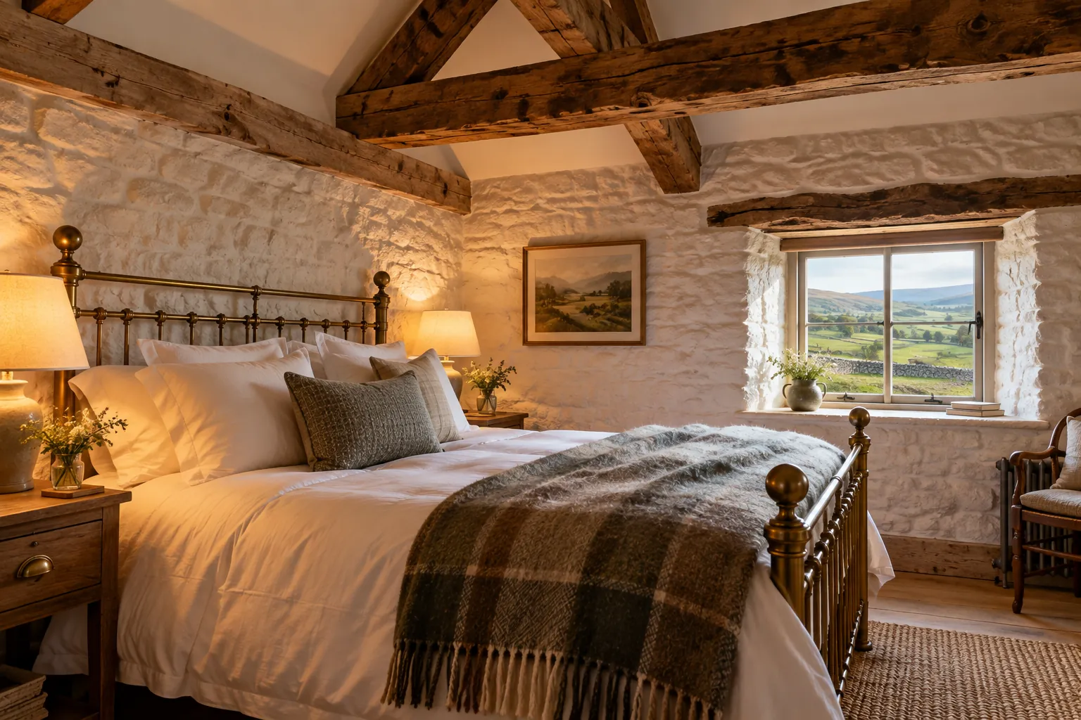 A bedroom under oak beams with a brass bed and a small window looking out over the fell