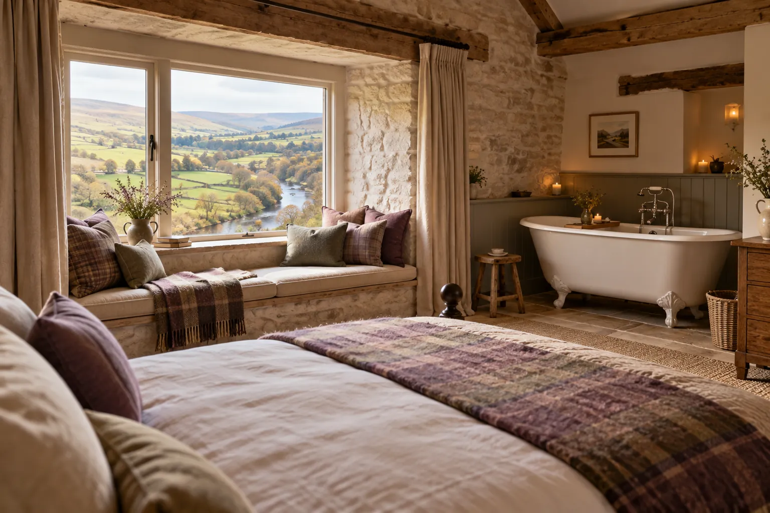 A bedroom with a deep window seat looking down to the river