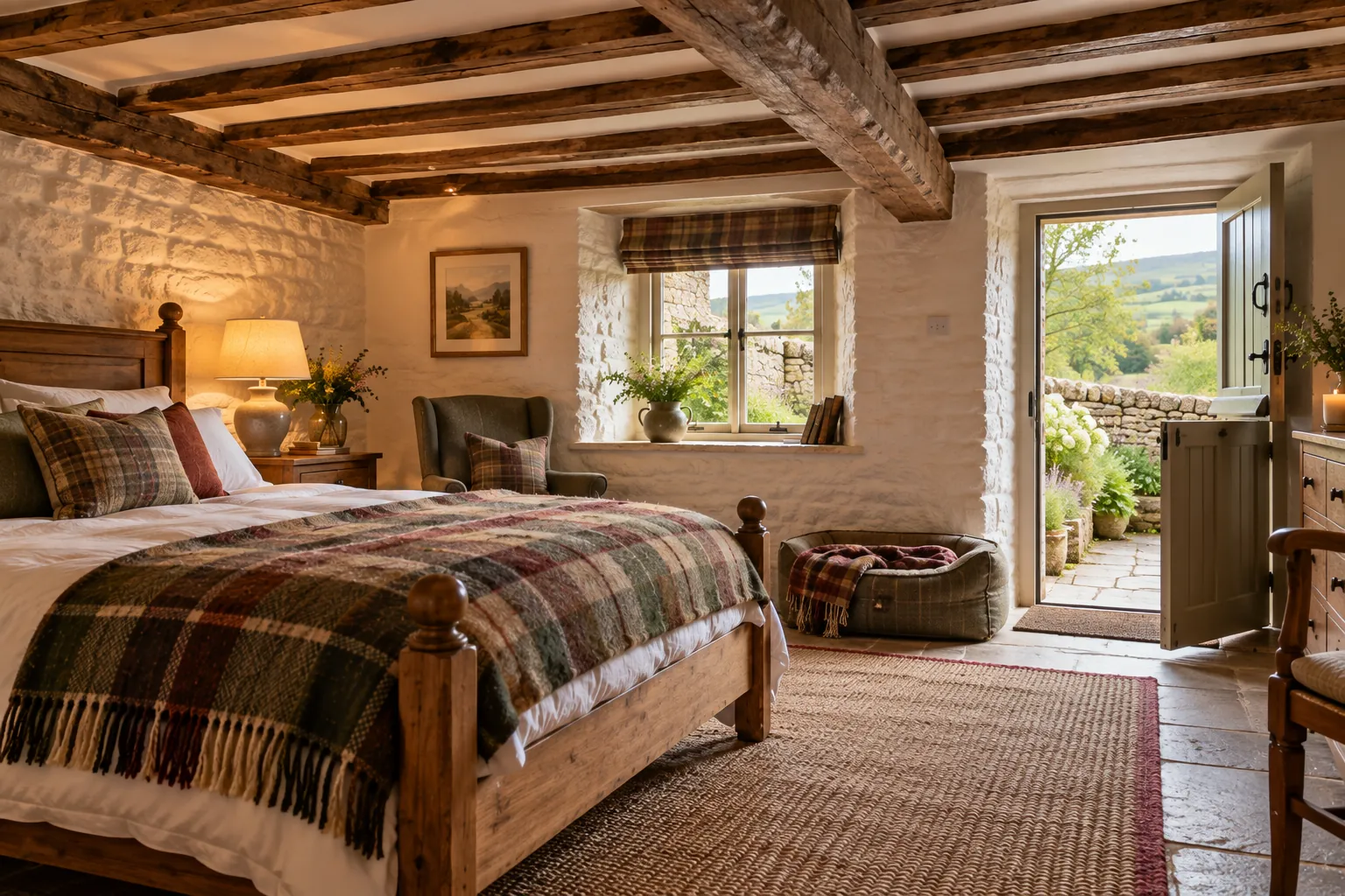 A cosy ground-floor bedroom with a dog bed by the door
