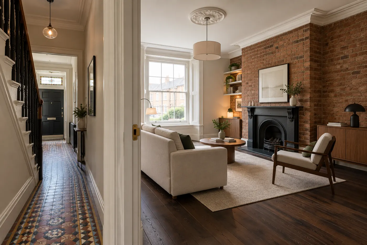 Inside a renovated Victorian terrace: restored tiled hallway, period fireplace, exposed brick wall and a tall sash window