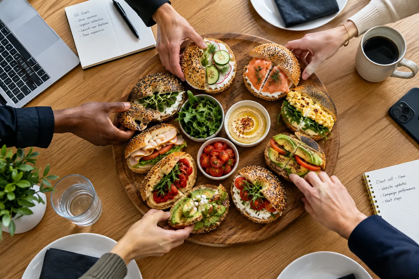 A wooden platter of halved bagels with different fillings on an office meeting table