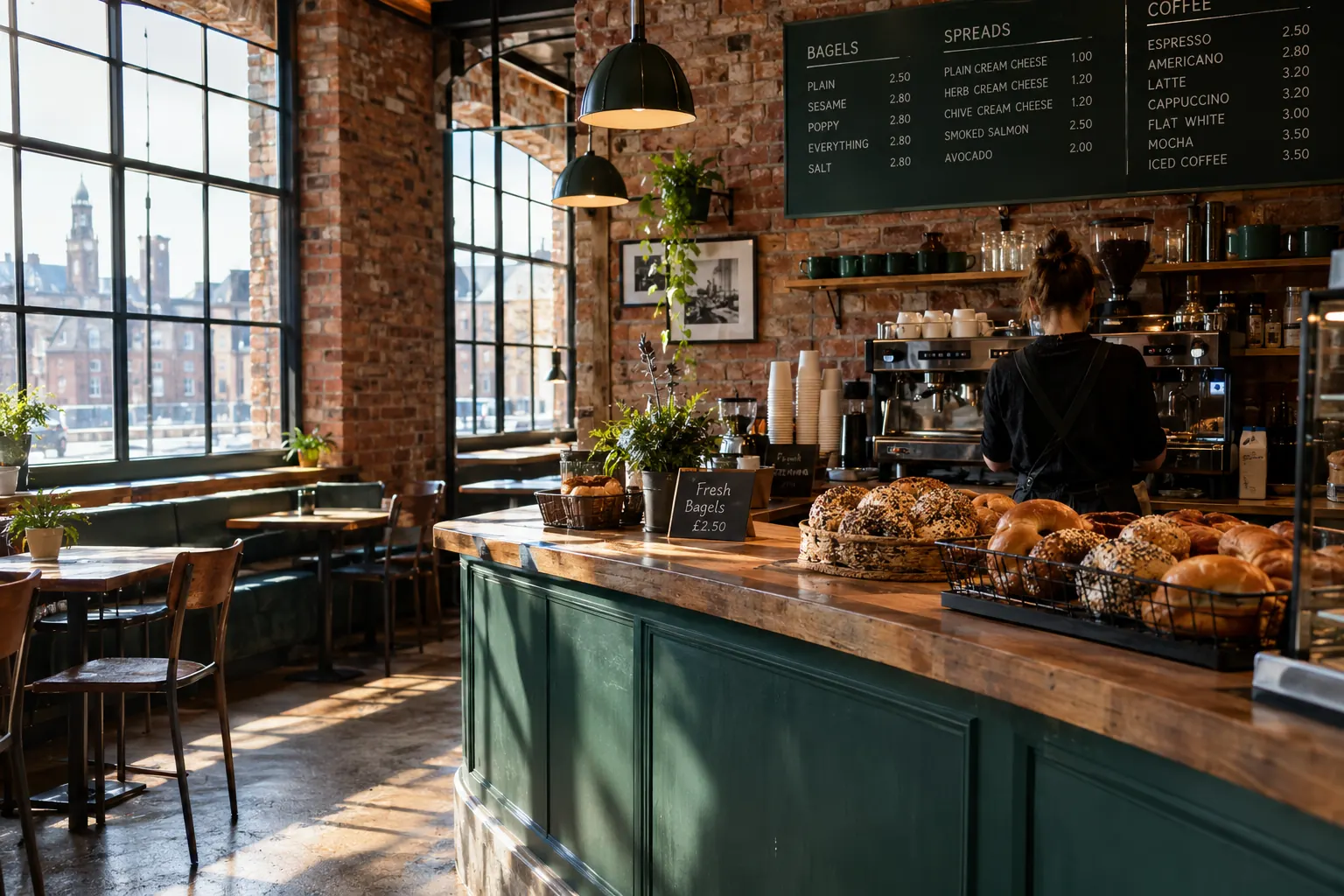 Inside Kiln & Crumb: a bottle-green counter lined with trays of fresh bagels, exposed brick and big steel windows