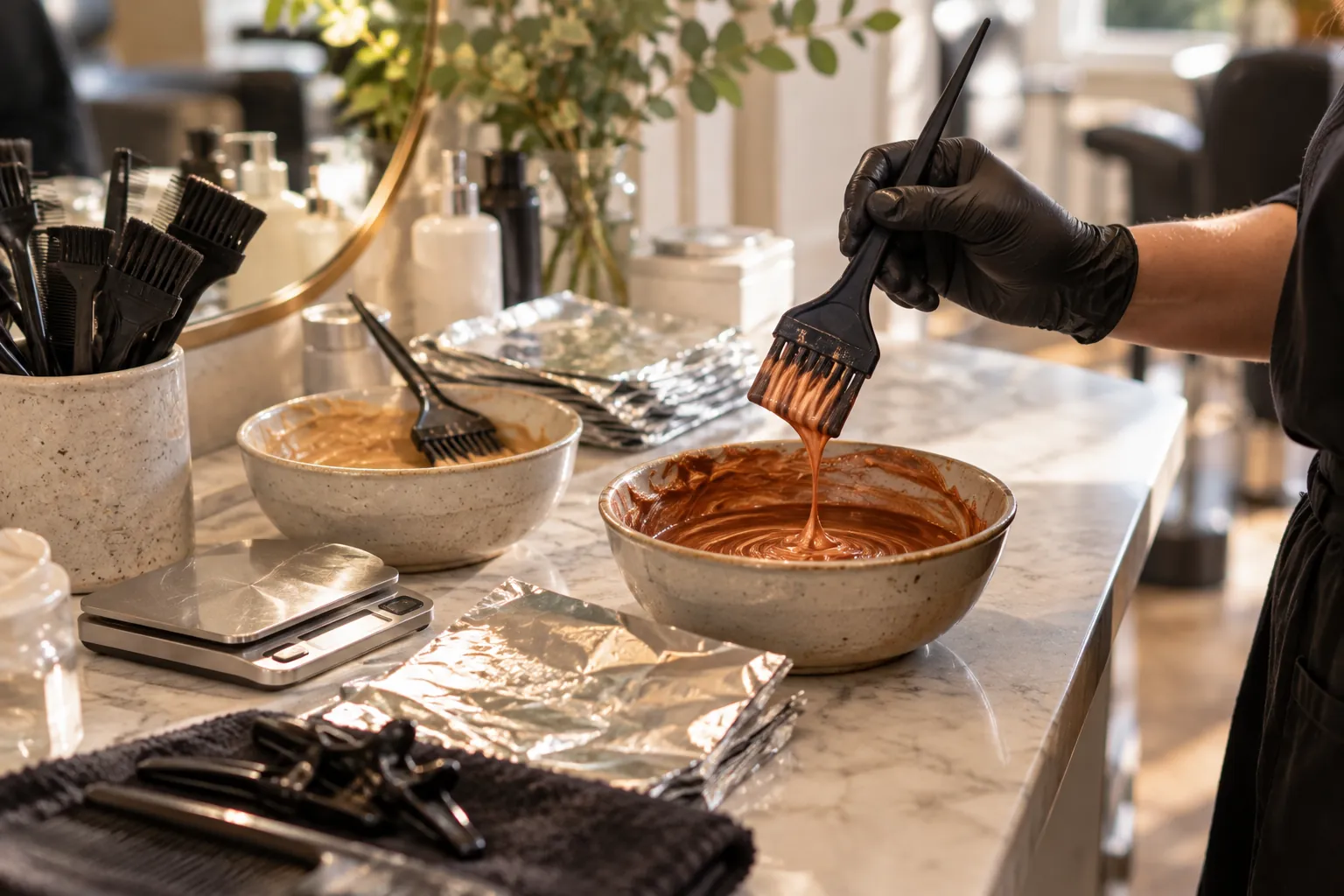 Bowls of mixed copper and caramel hair colour, brushes and foils on a marble counter