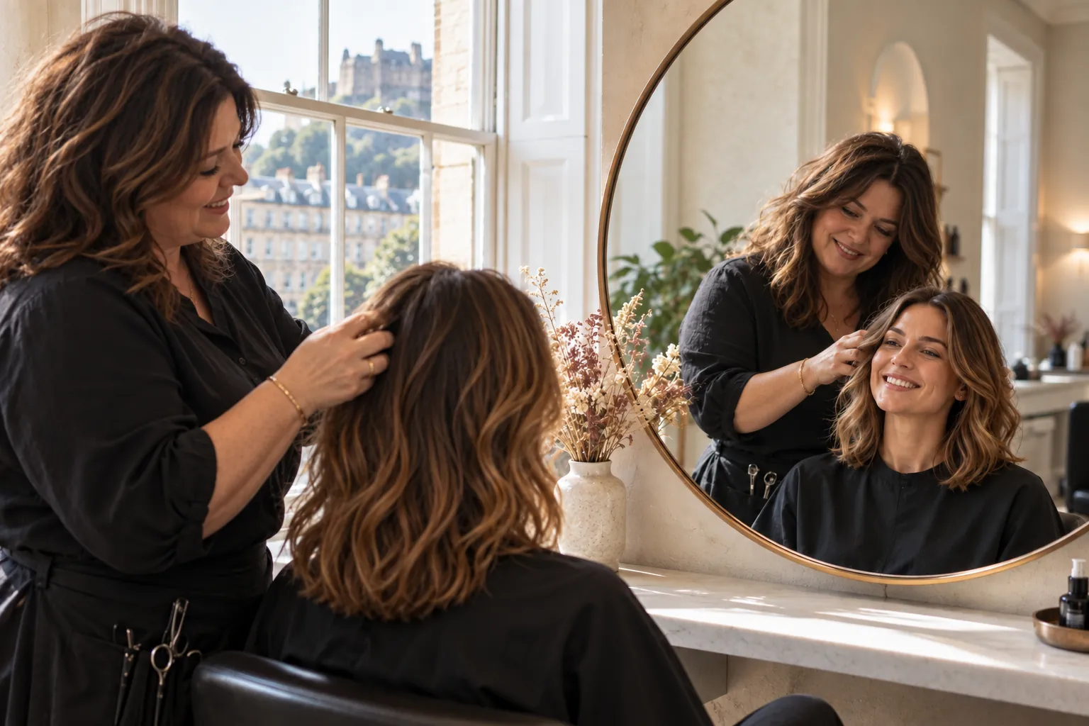 A stylist running her fingers through a client's hair at a round mirror while they talk