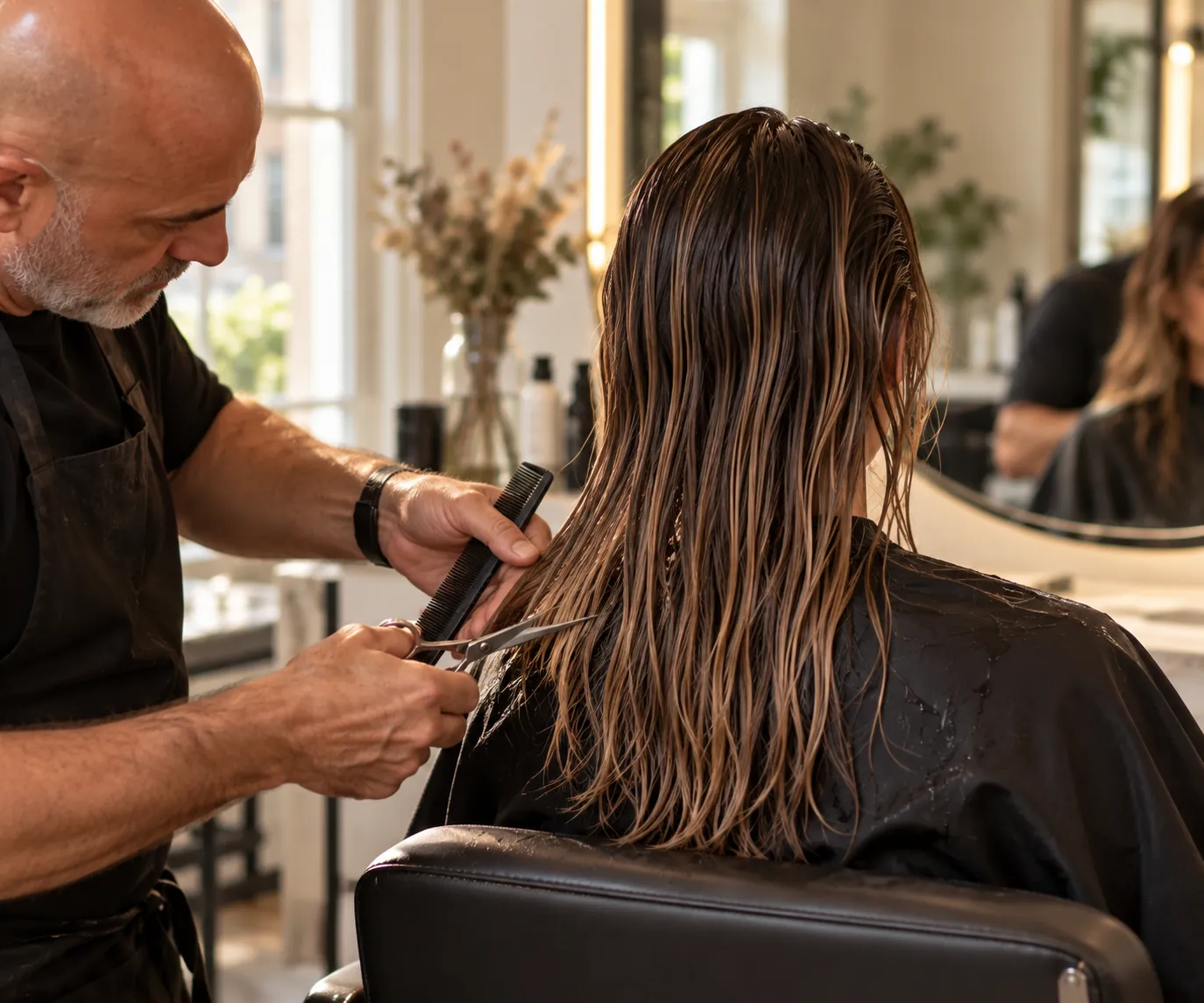 A stylist cutting a client's long wet hair in the chair