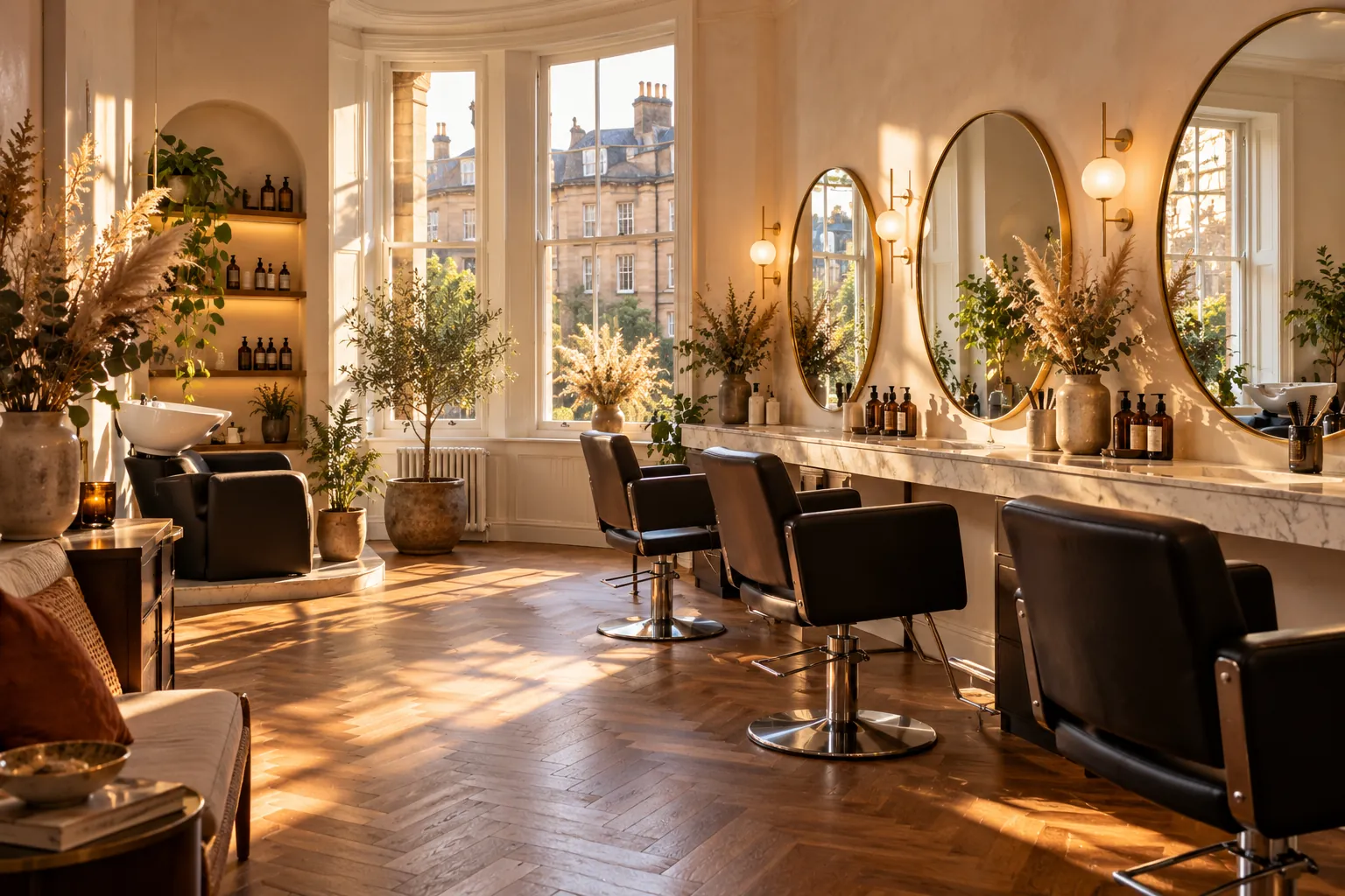 Inside the salon: round brass mirrors over a marble counter, black leather chairs and tall sash windows in late afternoon light