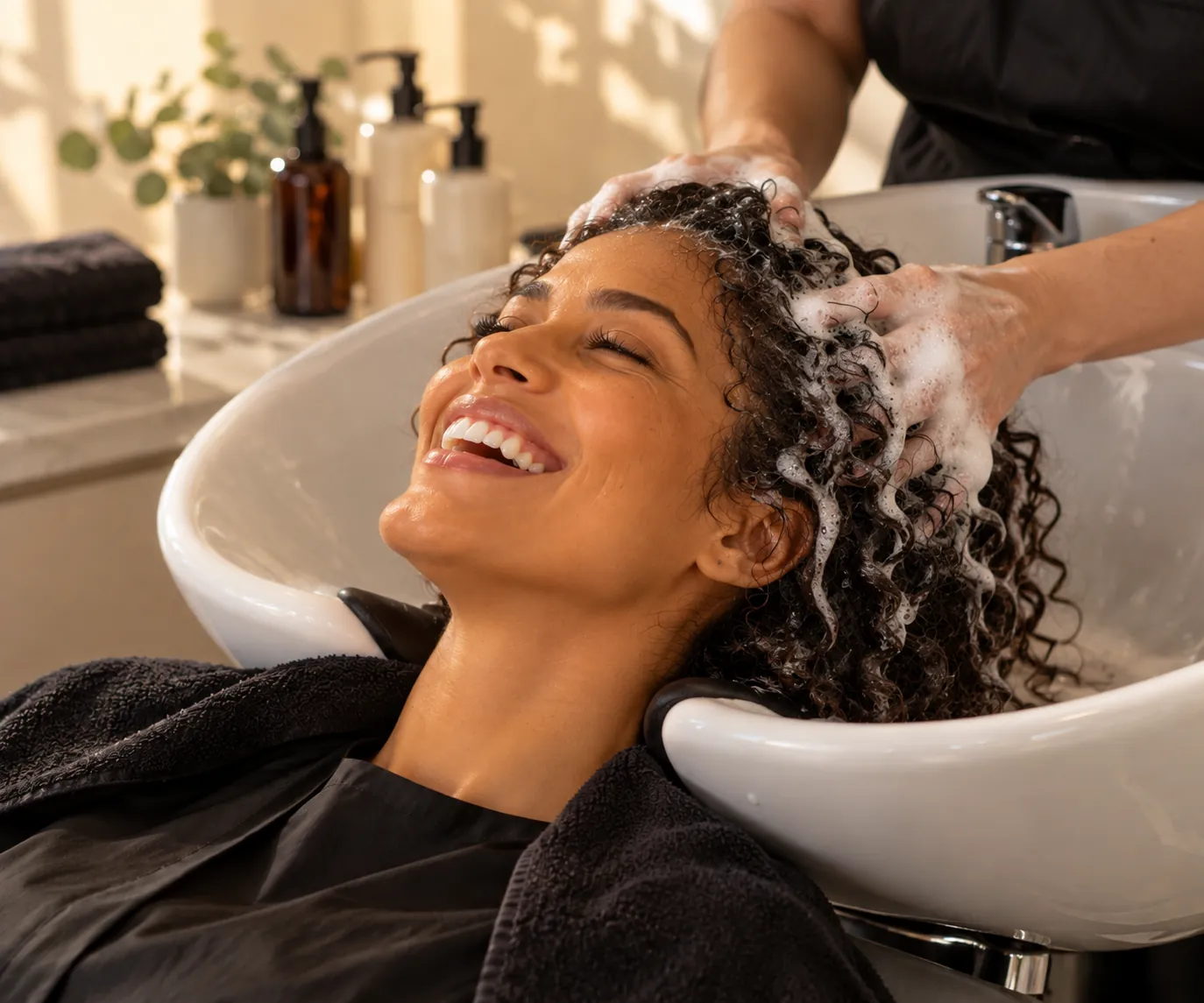 A woman laughing at the basin while her curls are washed