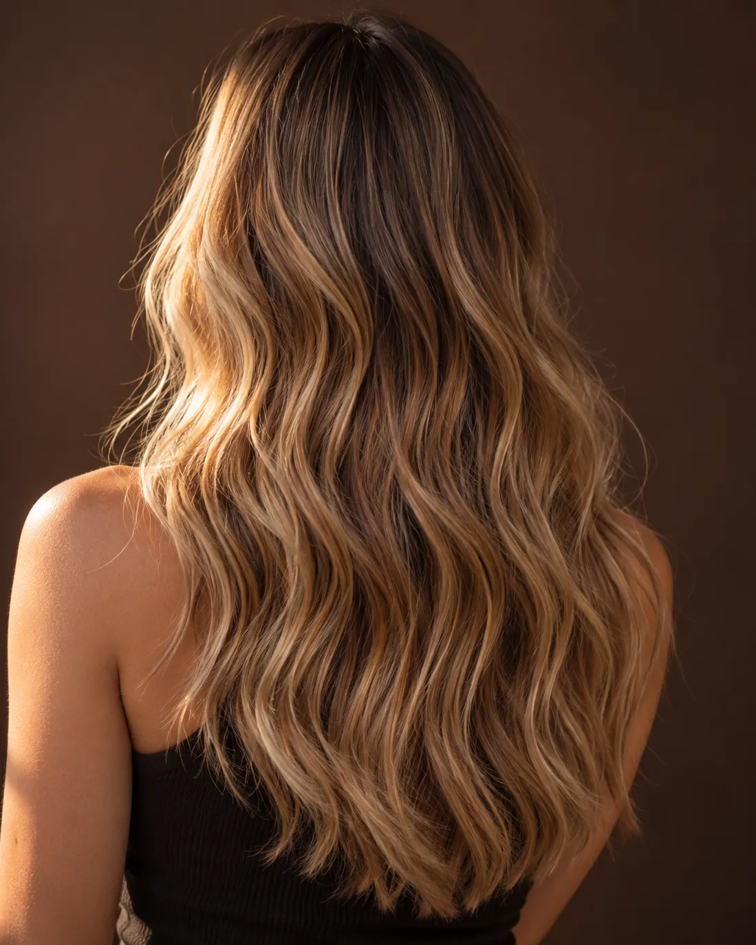 Long hair in a soft honey-blonde balayage with loose waves, seen from behind