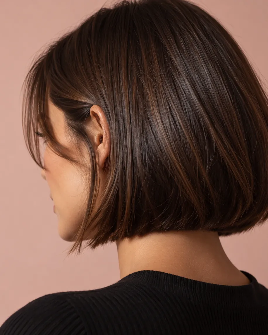 A sharp, glossy chin-length bob in dark brown, seen from the side