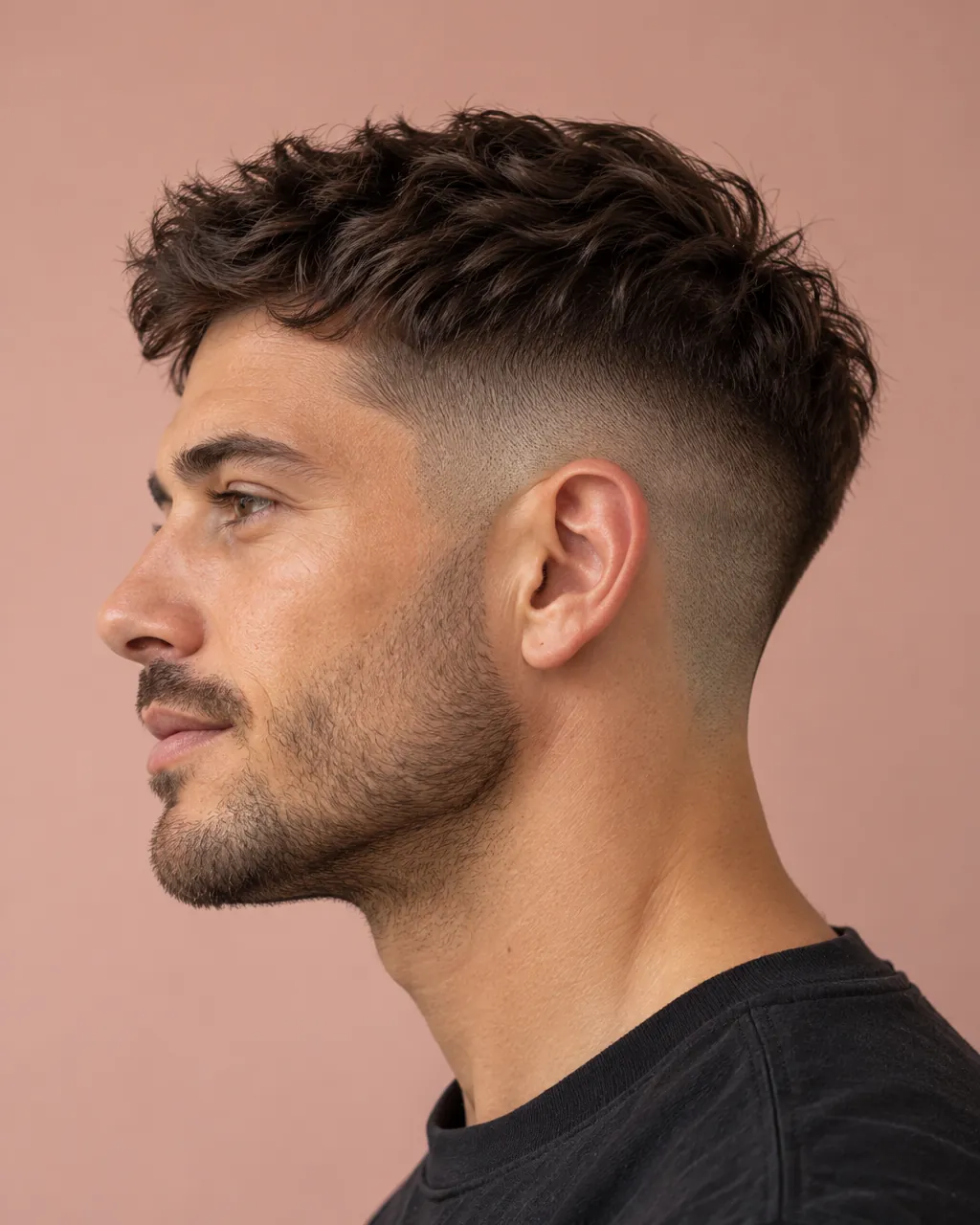 A man's textured short crop with a skin fade, side profile