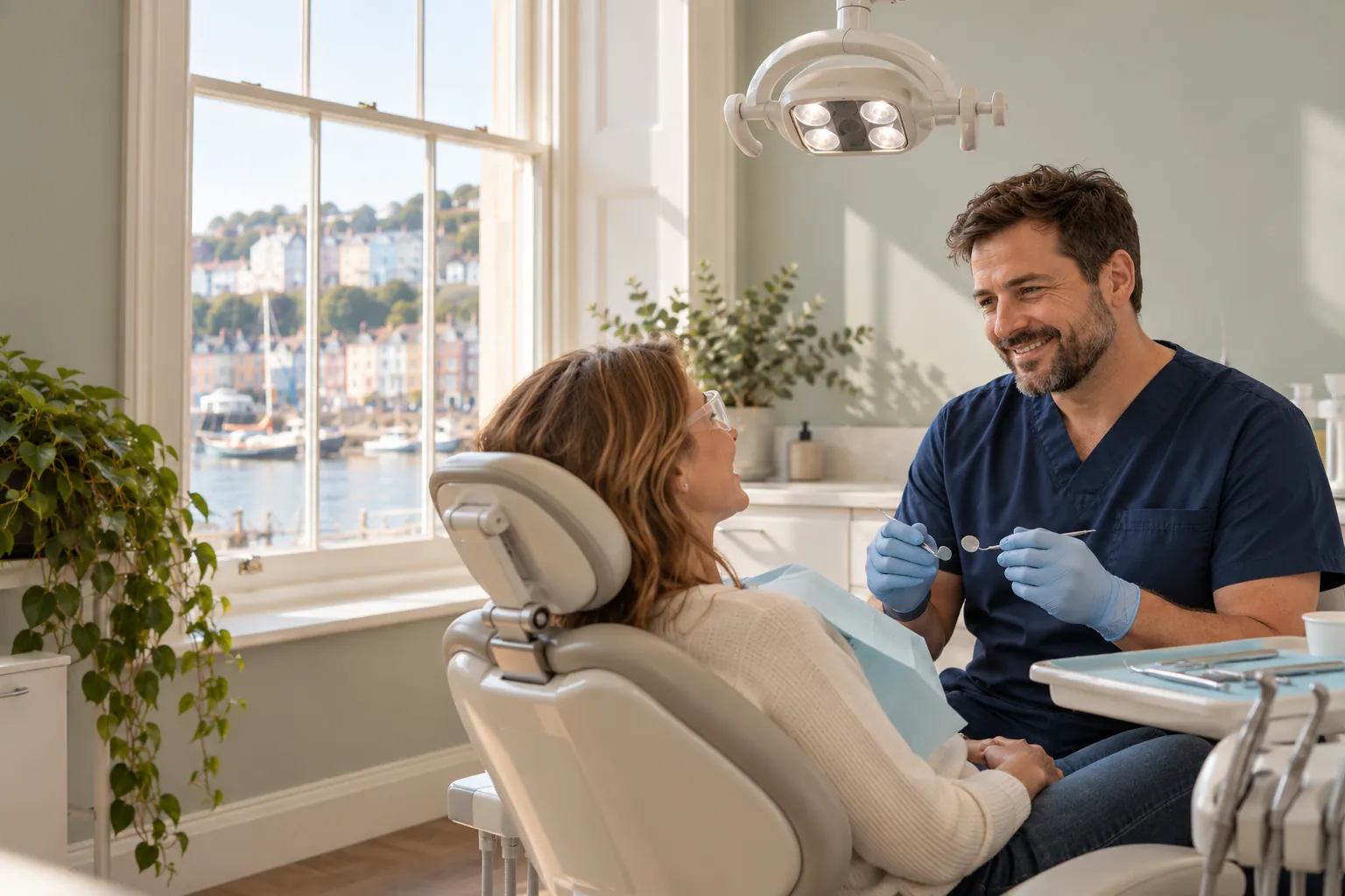 Tom talking with a patient in the dental chair before he starts