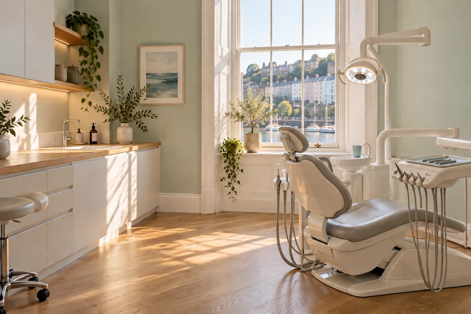 A calm, bright treatment room with a white dental chair, an X-ray on the screen and a sash window onto the harbour