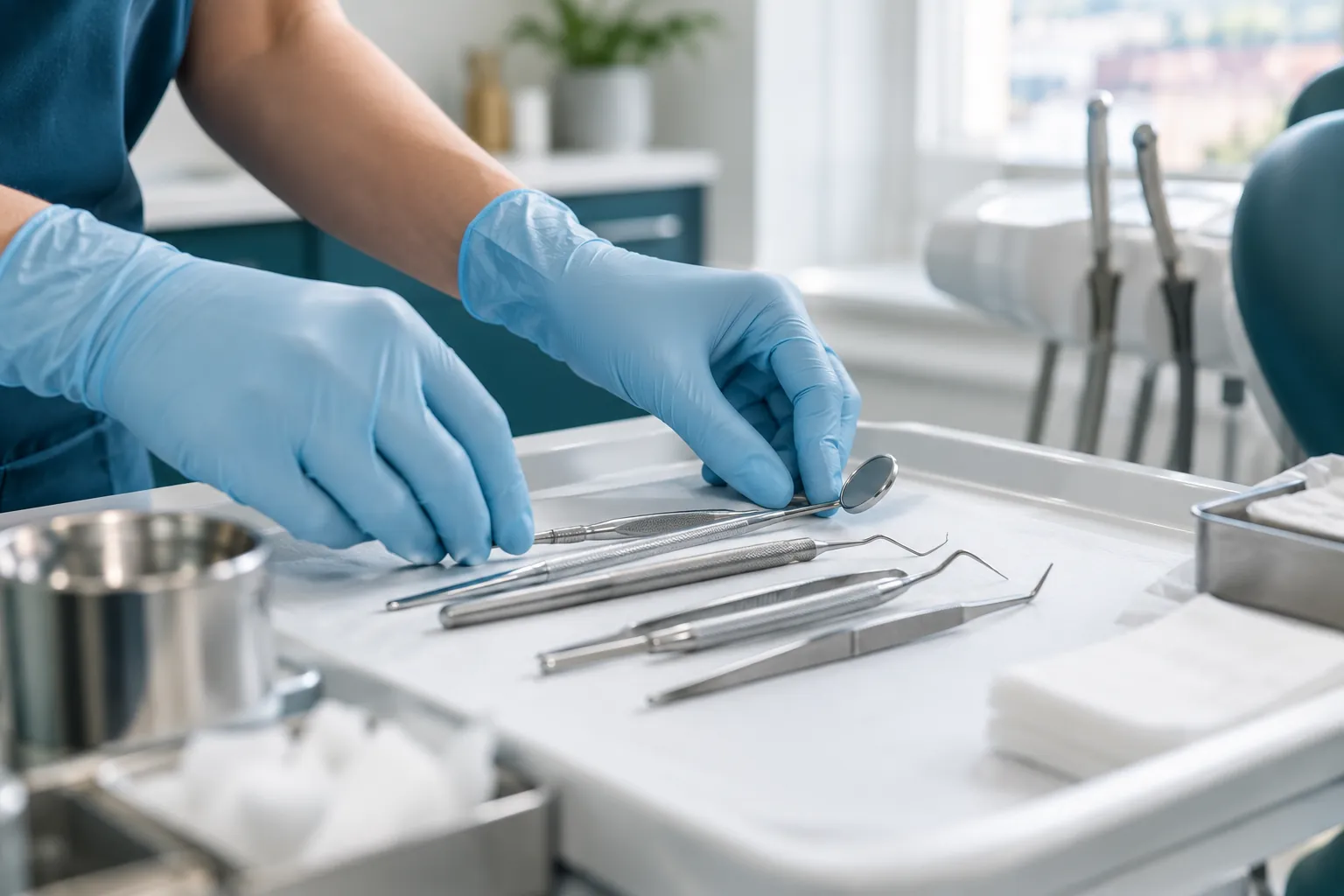 A hygienist's gloved hands laying out instruments on a tray