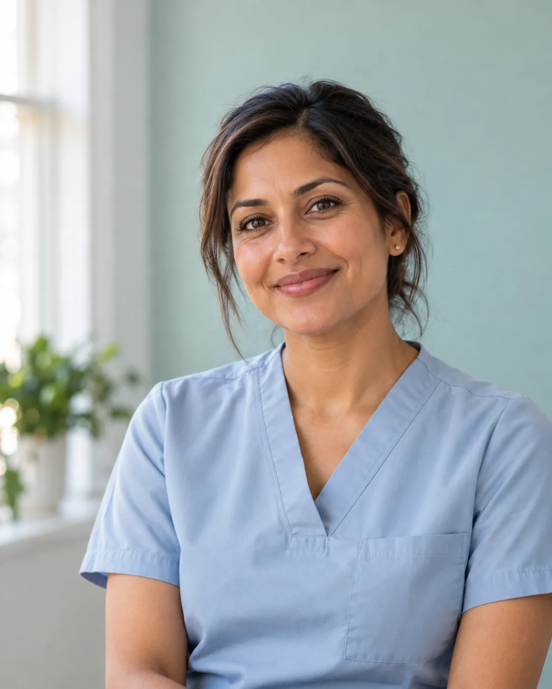 Priya, hygienist, in a pale blue tunic