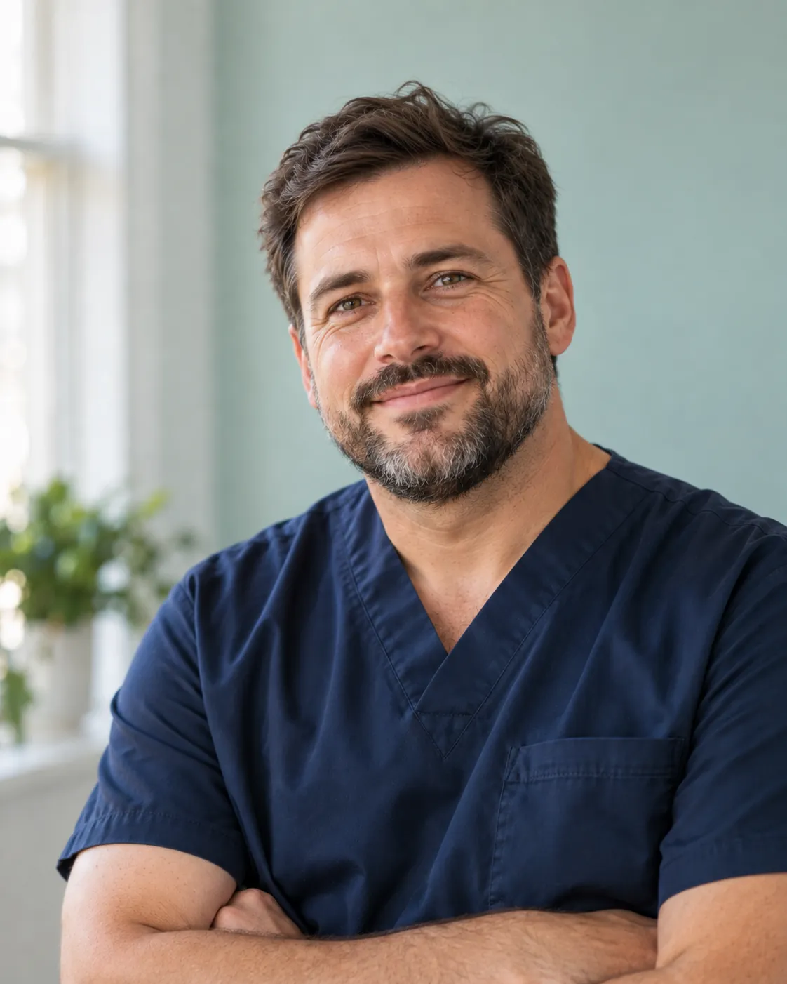 Tom, dentist, in a navy tunic with his arms folded