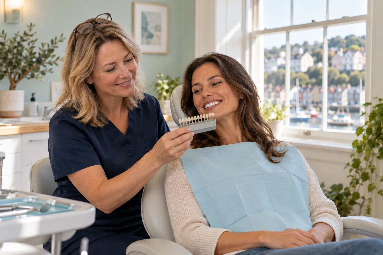 Hannah holding a shade guide next to a smiling patient's teeth