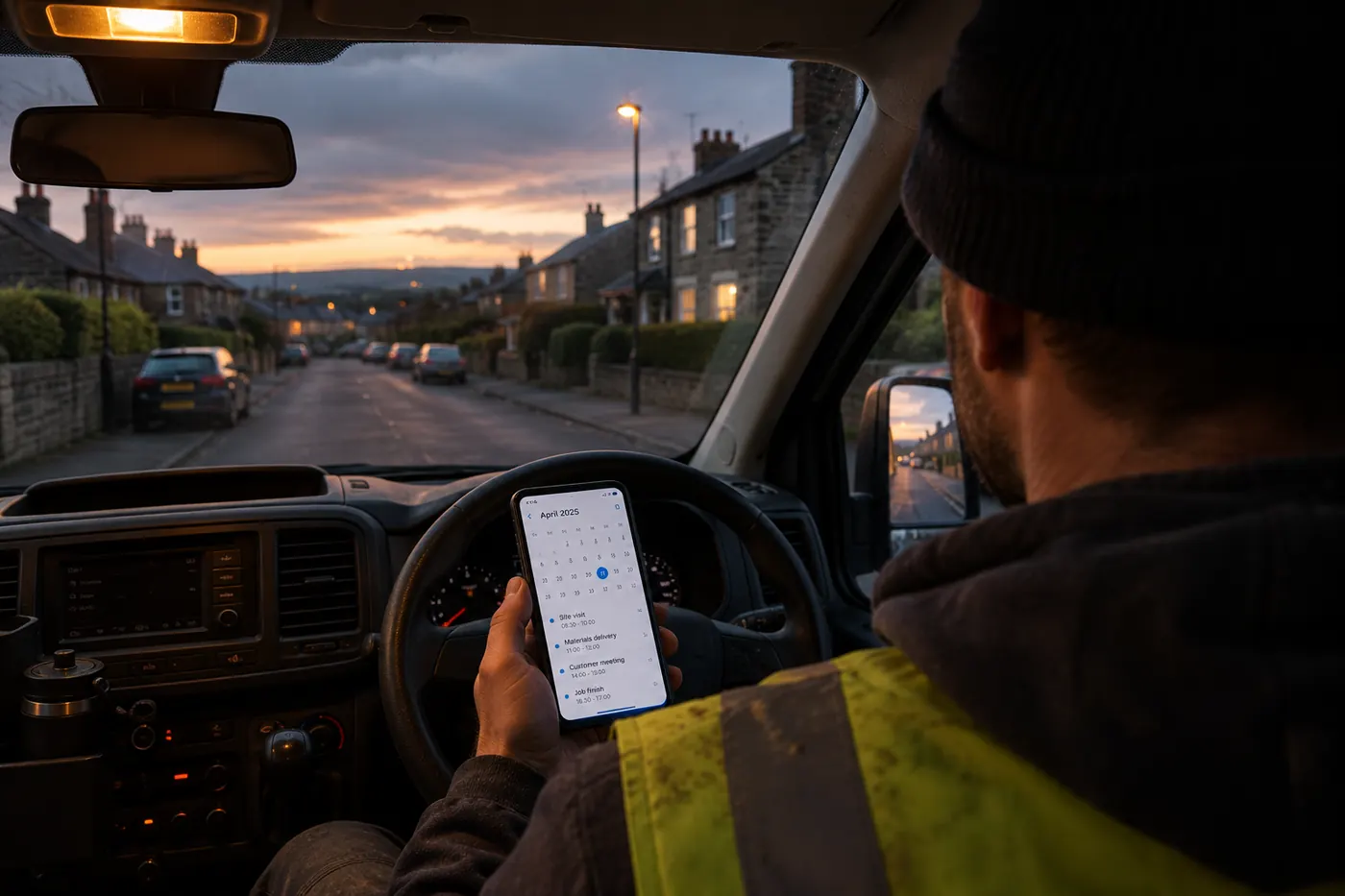 A tradesperson in a van at dusk checking the day's jobs on a phone