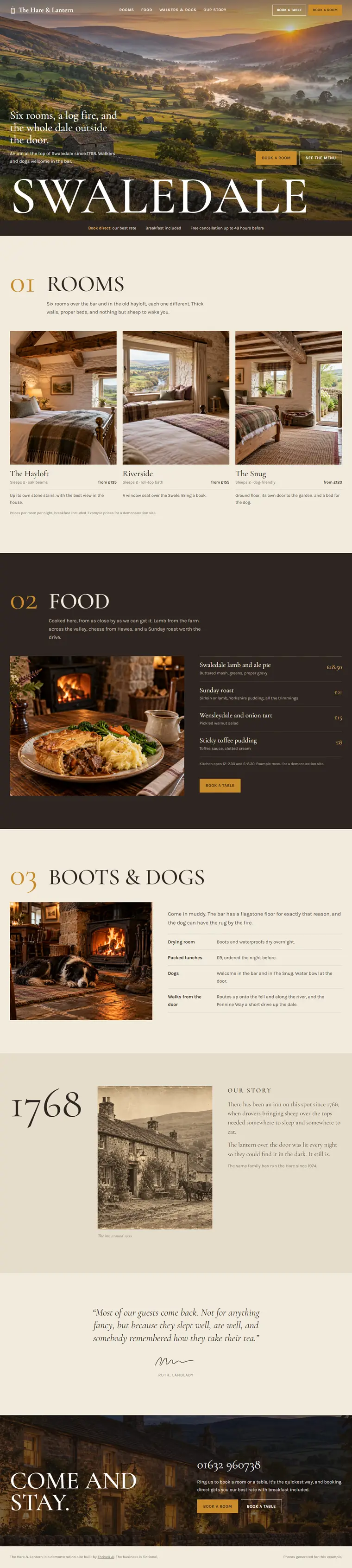 The Hare & Lantern example site, an inn with rooms in Swaledale
