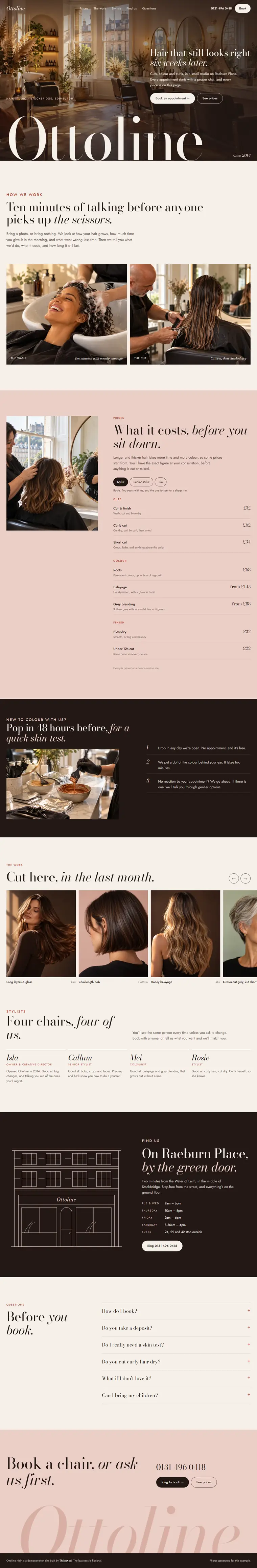 The Ottoline Hair example site, a hair studio in Edinburgh